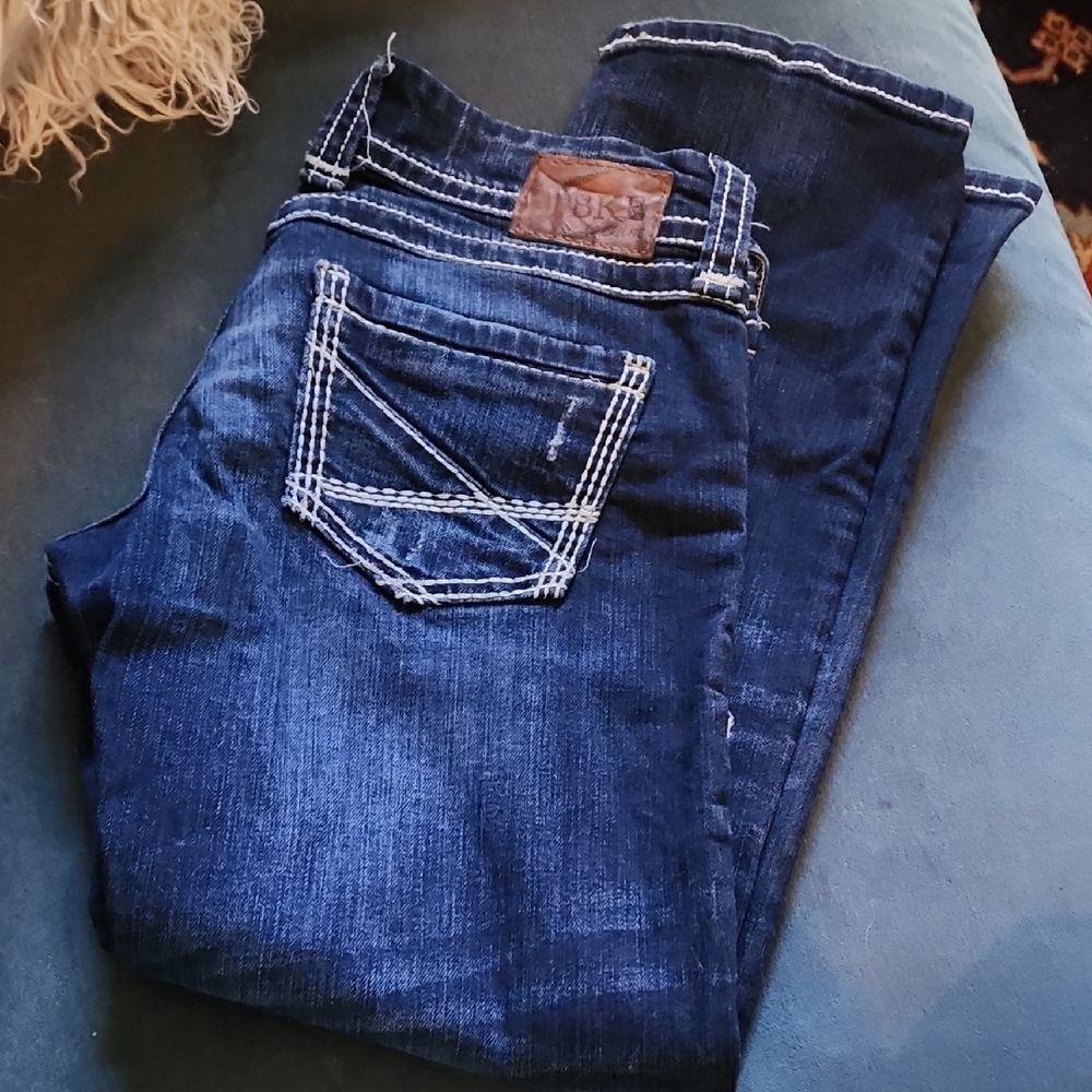 BKE Dark Blue Jeans with Brown Leather Patch